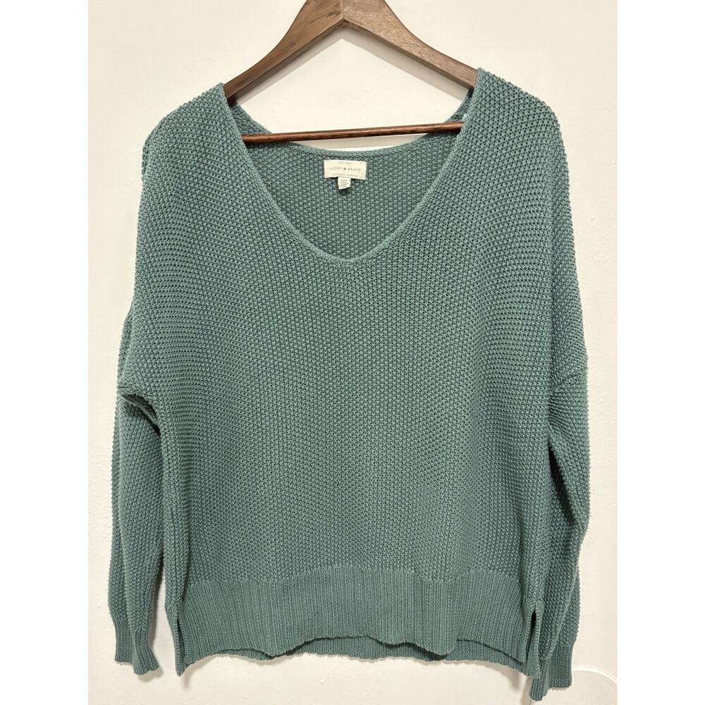 Lucky Brand Sweater Womens M Green Oversized V Neck Cotton Blend Knit Pullover